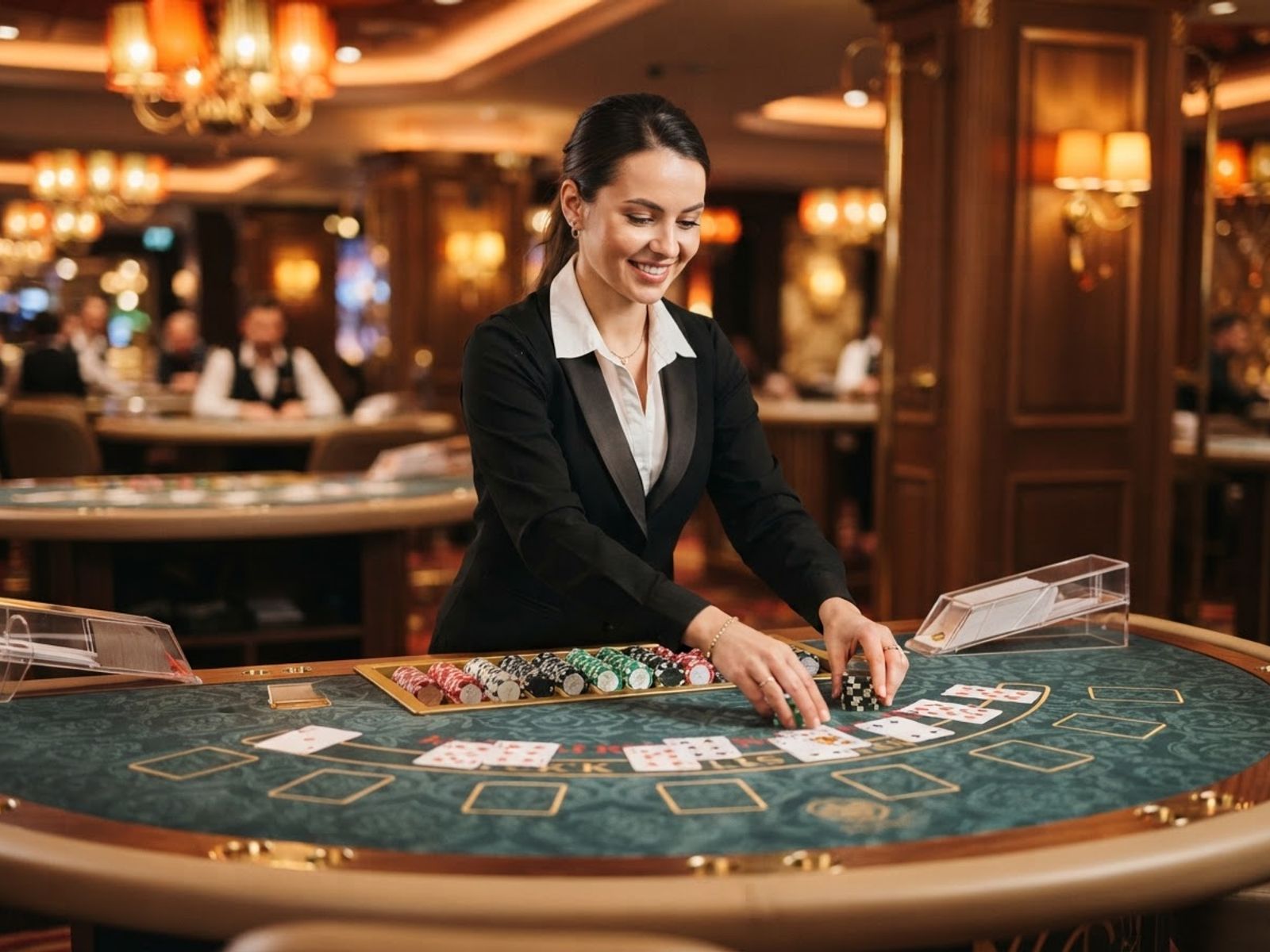 Croupier présentant les cartes et jetons
