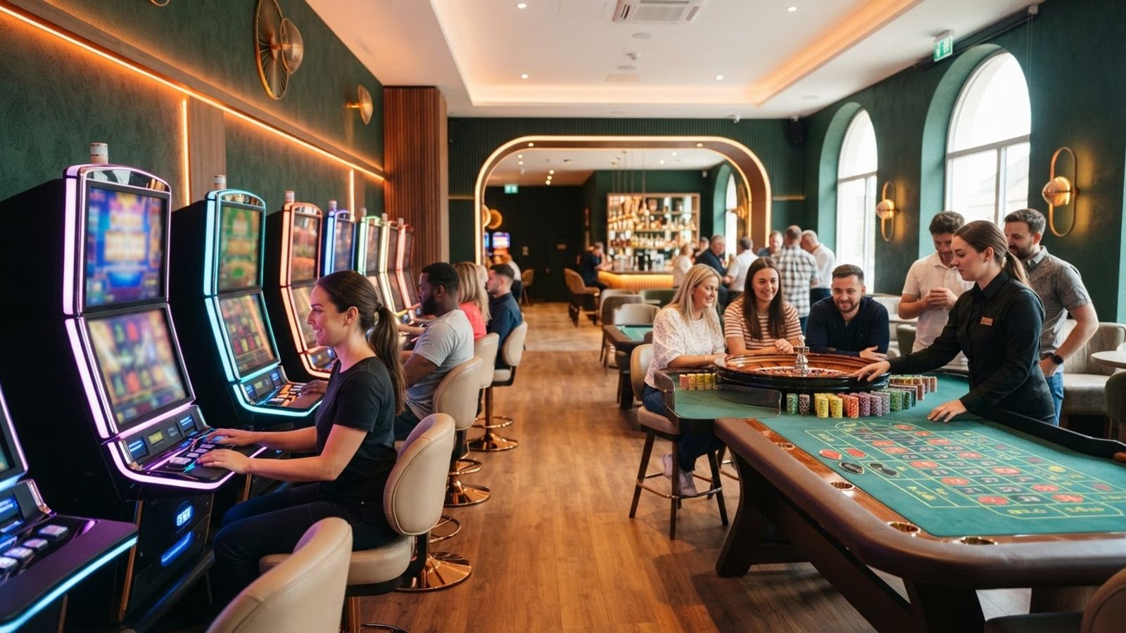 Salle de casino avec machines à sous et table de roulette