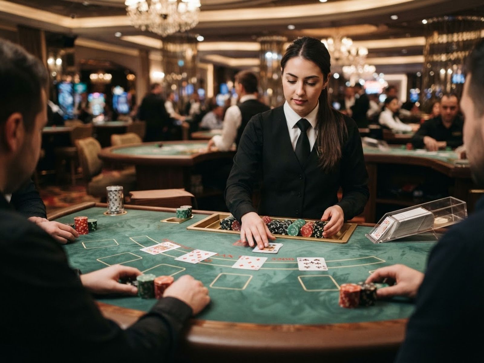 Croupier et cartes sur une table de jeu